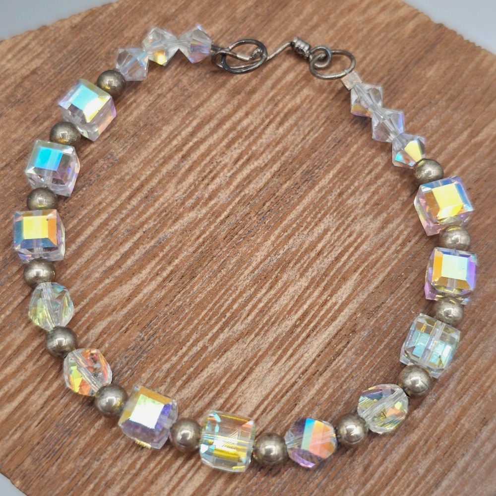 Vintage Aurora Borealis Bracelet Crystal Cube Bicone Dainty 6.5" Silver Tone